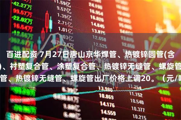 百进配资 7月27日唐山京华焊管、热镀锌圆管(含燃气管、273-325系列)、衬塑复合管、涂塑复合管、热镀锌无缝管、螺旋管出厂价格上调20。（元/吨）
